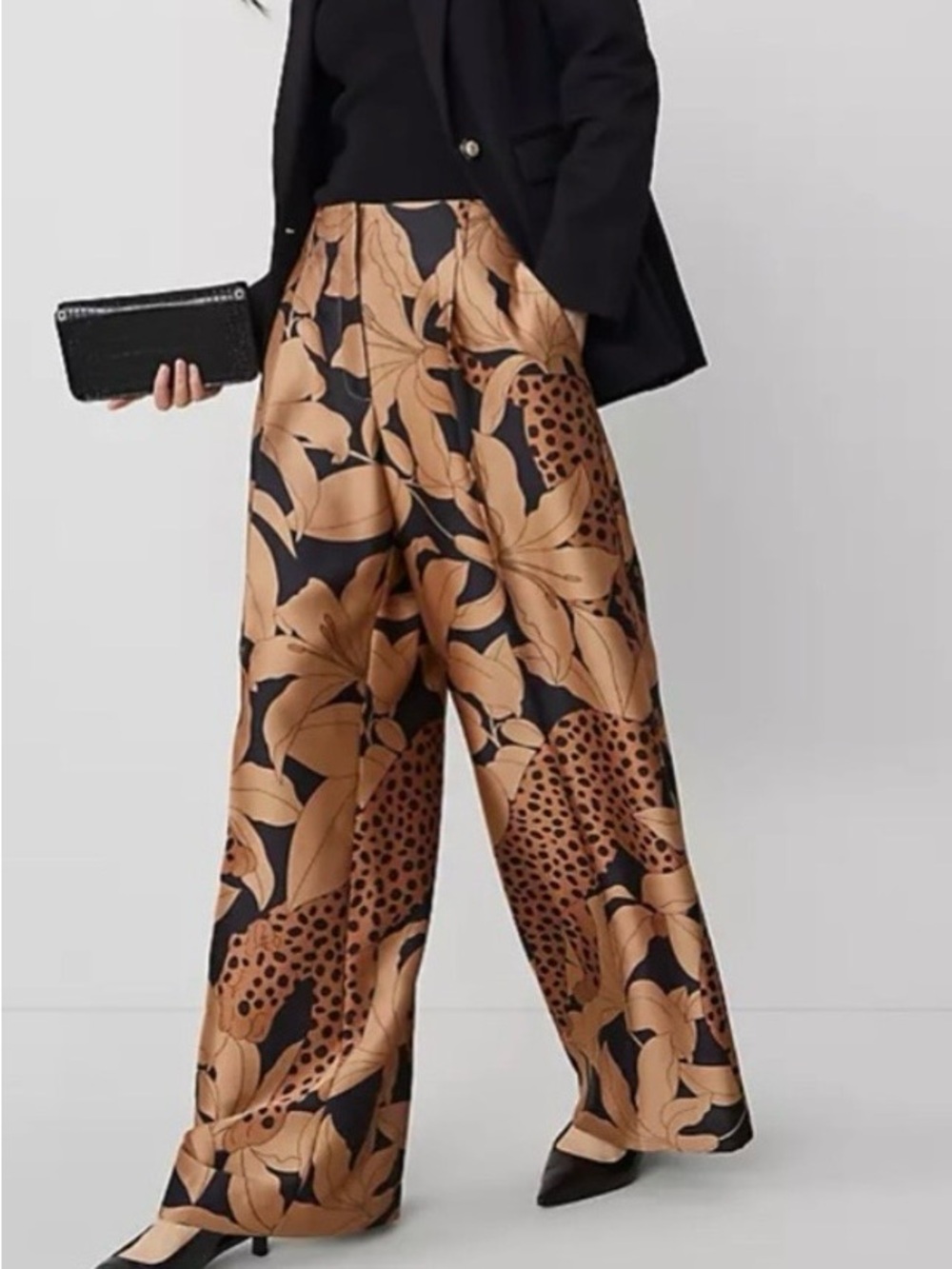 Ann Taylor Black Wide-Leg Satin Pants with Tan Floral Print